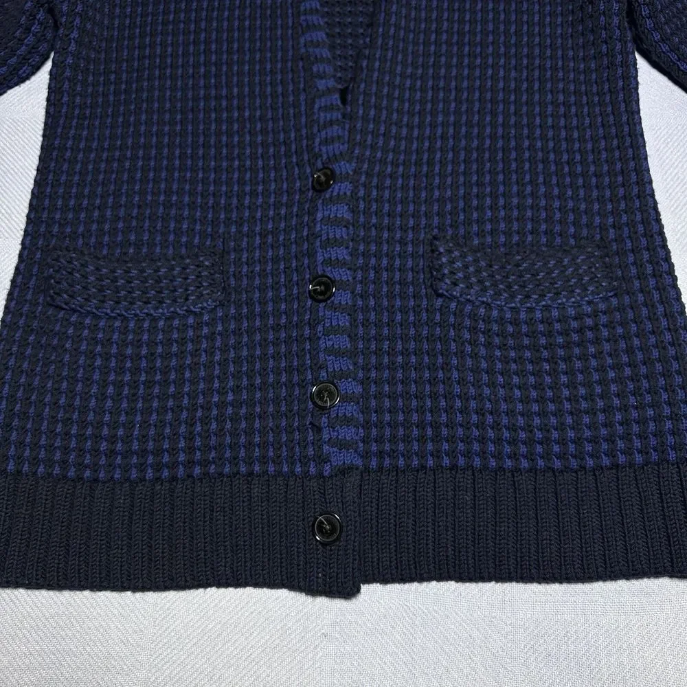 Tory Burch Black Blue Merino Wool Waffle Knit Cardigan‎ Sweater Women's Sz Large
